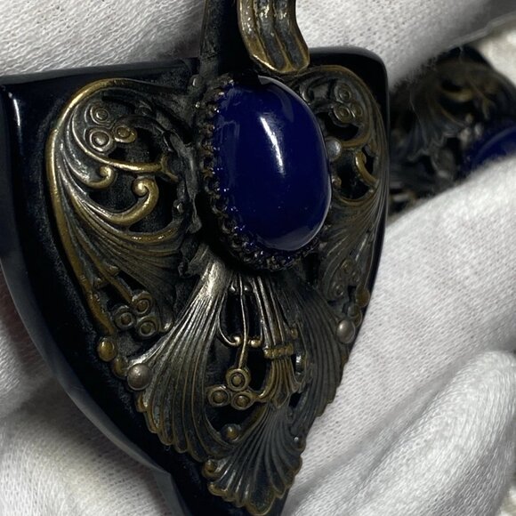 Vintage 1965–75 Nepal/India Bronze & Ebonite Pendants w/ Blue Galalith Cabochon - Picture 4 of 10